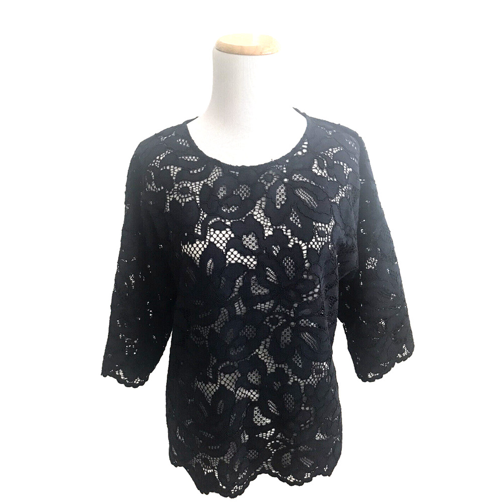 Gerard Darel Lace Top 40 US 10 Navy Blue Half-Sleeve Unlined Romantic Evening